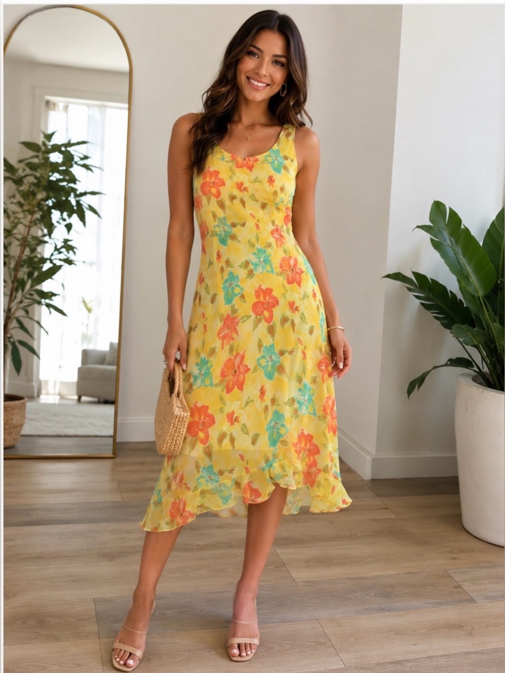 Donna Ricco Yellow Floral Scoop-Neck Midi Dress with Coral & Aqua Blooms